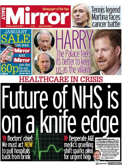 Daily Mirror Newspaper Front Page (UK) for 3 January 2023