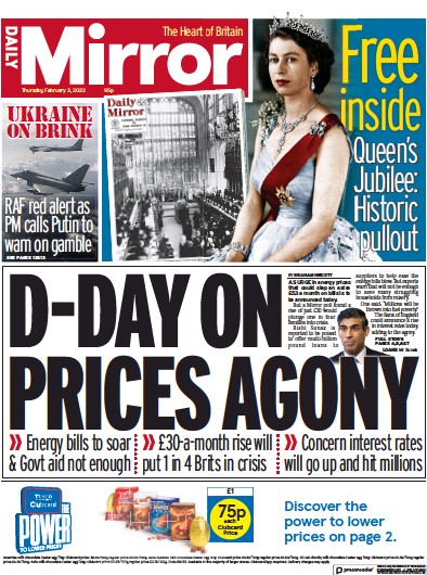 Daily Mirror Newspaper Front Page (UK) for 3 February 2022