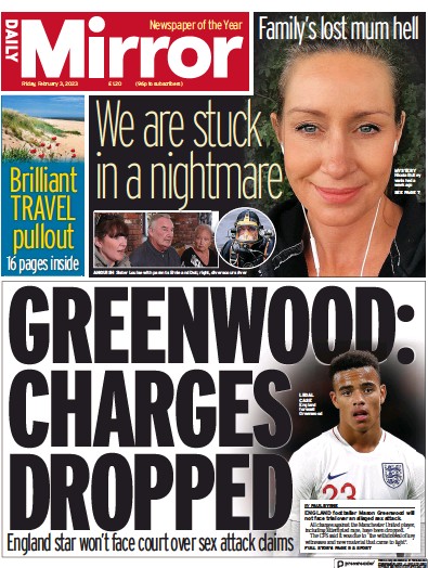 Daily Mirror Newspaper Front Page (UK) for 3 February 2023