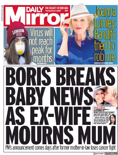 Daily Mirror Newspaper Front Page (UK) for 3 March 2020