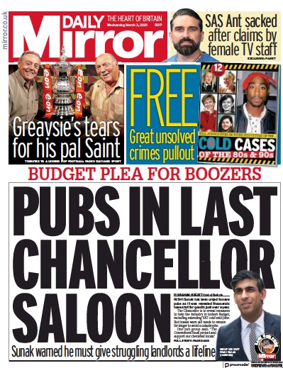 Daily Mirror Newspaper Front Page (UK) for 3 March 2021