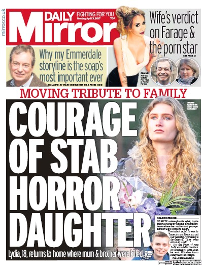 Daily Mirror Newspaper Front Page (UK) for 3 April 2017