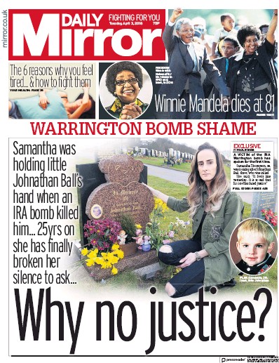 Daily Mirror Newspaper Front Page (UK) for 3 April 2018