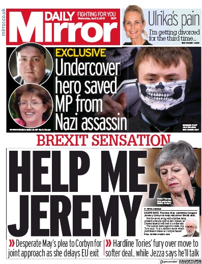 Daily Mirror Newspaper Front Page (UK) for 3 April 2019