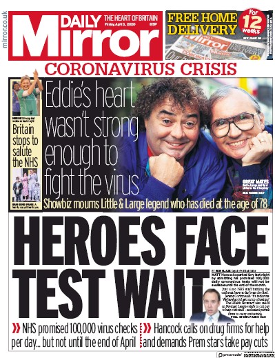 Daily Mirror Newspaper Front Page (UK) for 3 April 2020