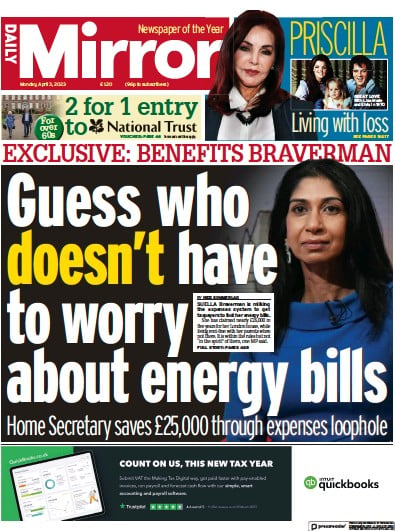 Daily Mirror Newspaper Front Page (UK) for 3 April 2023