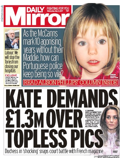 Daily Mirror Newspaper Front Page (UK) for 3 May 2017