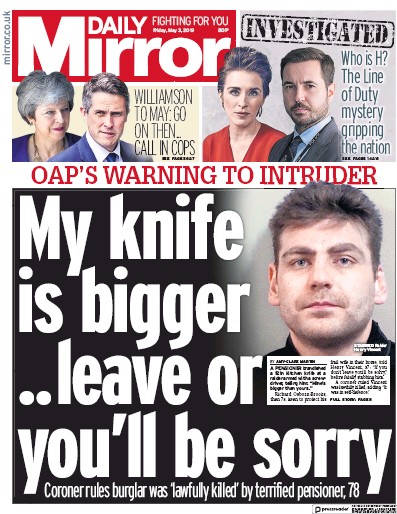 Daily Mirror Newspaper Front Page (UK) for 3 May 2019