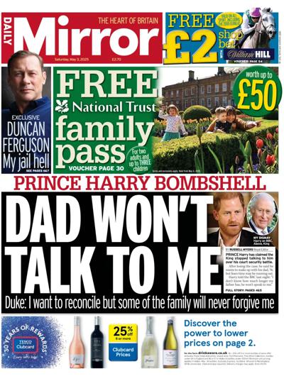 Daily Mirror Newspaper Front Page (UK) for 3 May 2025