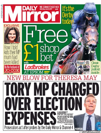 Daily Mirror Newspaper Front Page (UK) for 3 June 2017