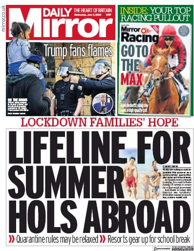 Daily Mirror Newspaper Front Page (UK) for 3 June 2020