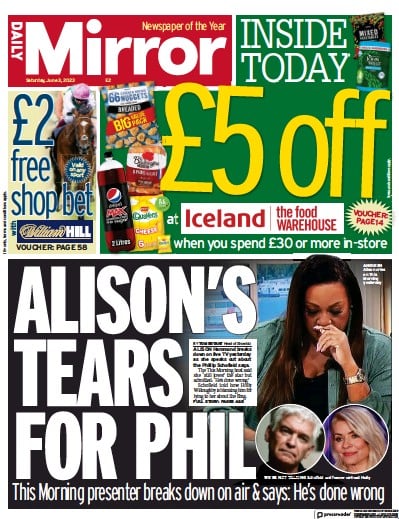 Daily Mirror Newspaper Front Page (UK) for 3 June 2023