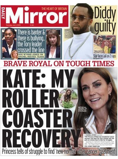 Daily Mirror Newspaper Front Page (UK) for 3 July 2025