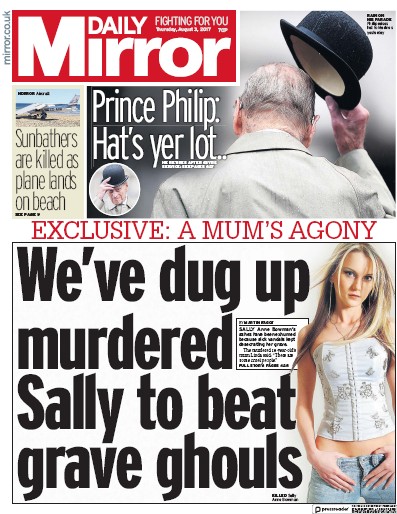 Daily Mirror Newspaper Front Page (UK) for 3 August 2017