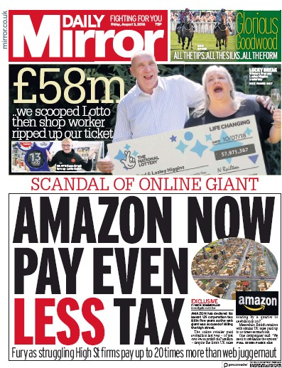 Daily Mirror Newspaper Front Page (UK) for 3 August 2018