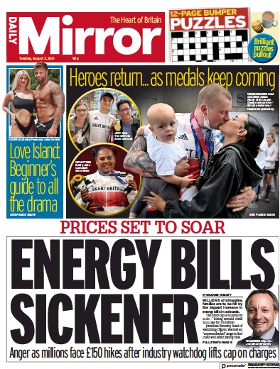 Daily Mirror Newspaper Front Page (UK) for 3 August 2021