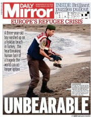 Daily Mirror Newspaper Front Page (UK) for 3 September 2015