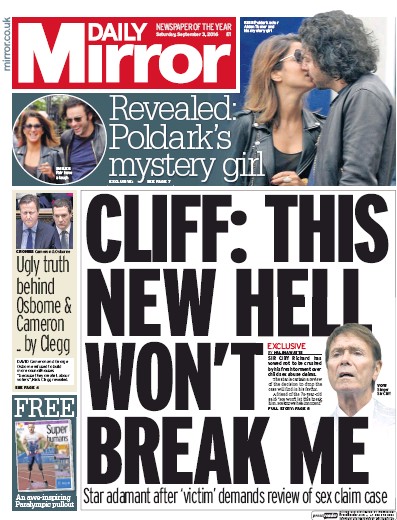 Daily Mirror Newspaper Front Page (UK) for 3 September 2016