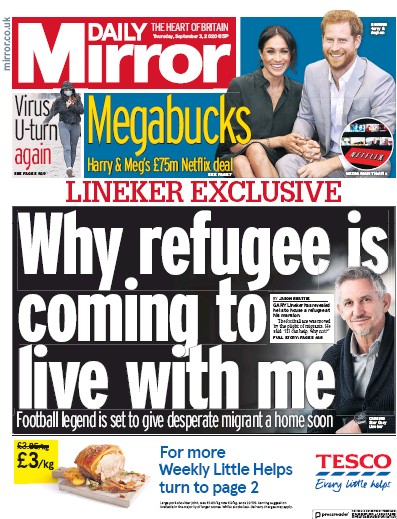 Daily Mirror Newspaper Front Page (UK) for 3 September 2020