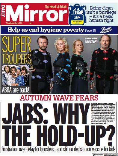 Daily Mirror Newspaper Front Page (UK) for 3 September 2021