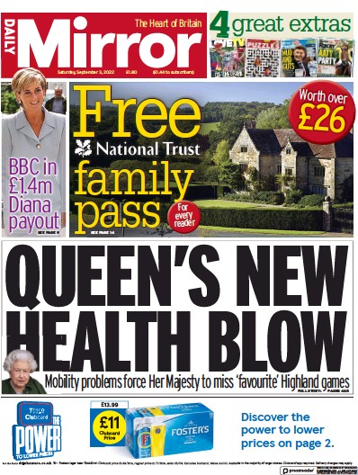 Daily Mirror Newspaper Front Page (UK) for 3 September 2022