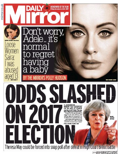 Daily Mirror Newspaper Front Page (UK) for 4 November 2016