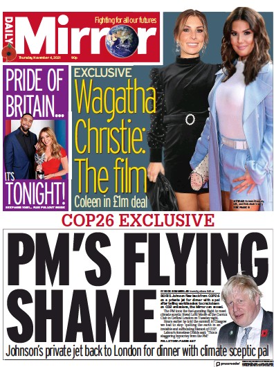 Daily Mirror Newspaper Front Page (UK) for 4 November 2021