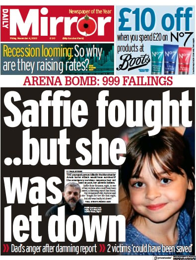 Daily Mirror Newspaper Front Page (UK) for 4 November 2022