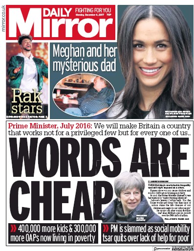 Daily Mirror Newspaper Front Page (UK) for 4 December 2017