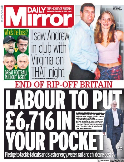 Daily Mirror Newspaper Front Page (UK) for 4 December 2019