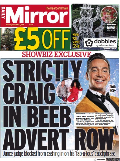 Daily Mirror Newspaper Front Page (UK) for 4 December 2021