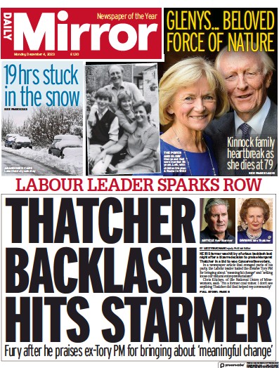 Daily Mirror Newspaper Front Page (UK) for 4 December 2023