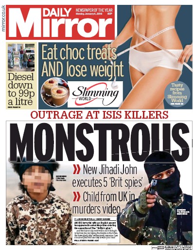 Daily Mirror Newspaper Front Page (UK) for 4 January 2016