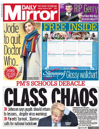 Daily Mirror Newspaper Front Page (UK) for 4 January 2021