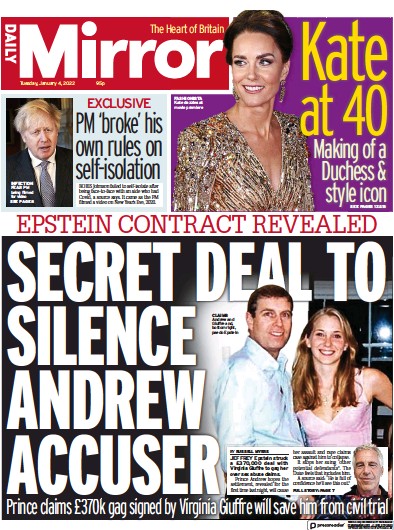 Daily Mirror Newspaper Front Page (UK) for 4 January 2022