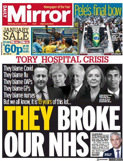 Daily Mirror Newspaper Front Page (UK) for 4 January 2023