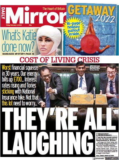 Daily Mirror Newspaper Front Page (UK) for 4 February 2022