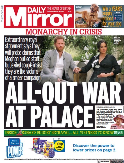 Daily Mirror Newspaper Front Page (UK) for 4 March 2021