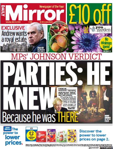 Daily Mirror Newspaper Front Page (UK) for 4 March 2023