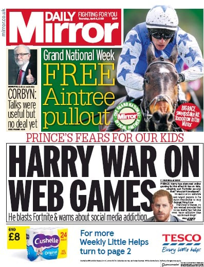 Daily Mirror Newspaper Front Page (UK) for 4 April 2019