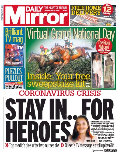 Daily Mirror Newspaper Front Page (UK) for 4 April 2020