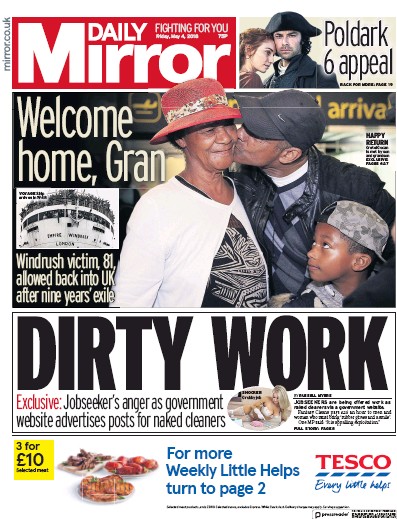 Daily Mirror Newspaper Front Page (UK) for 4 May 2018