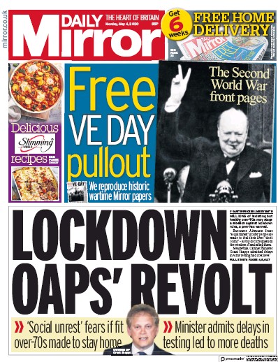 Daily Mirror Newspaper Front Page (UK) for 4 May 2020