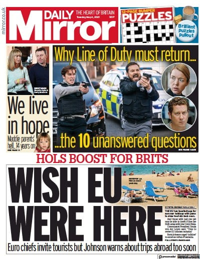 Daily Mirror Newspaper Front Page (UK) for 4 May 2021