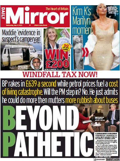 Daily Mirror Newspaper Front Page (UK) for 4 May 2022