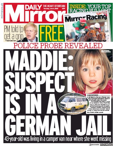 Daily Mirror Newspaper Front Page (UK) for 4 June 2020