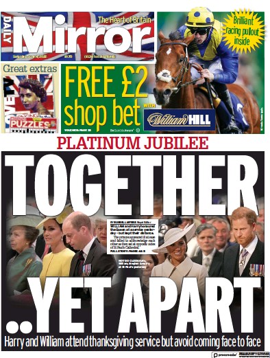Daily Mirror Newspaper Front Page (UK) for 4 June 2022