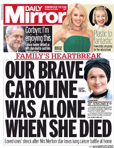 Daily Mirror Newspaper Front Page (UK) for 4 July 2016