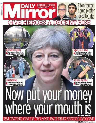 Daily Mirror Newspaper Front Page (UK) for 4 July 2017