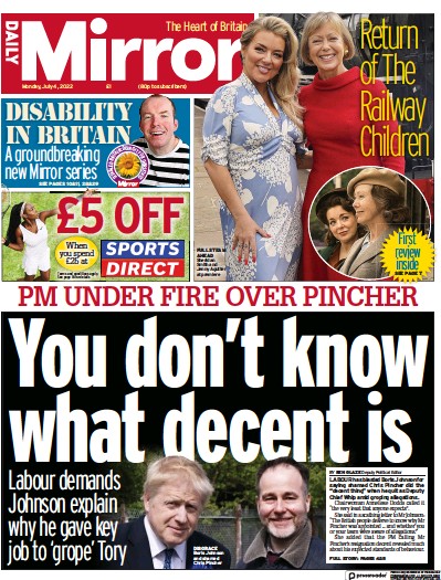 Daily Mirror Newspaper Front Page (UK) for 4 July 2022